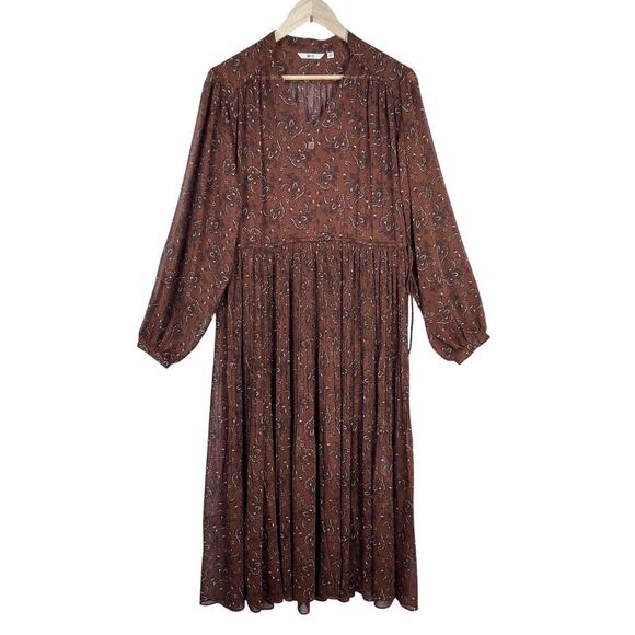 NEW Uniqlo C Chiffon Pleated Long-Sleeve Brown PRAIRIE COTTAGE BOHO Maxi Dress M - Picture 1 of 15